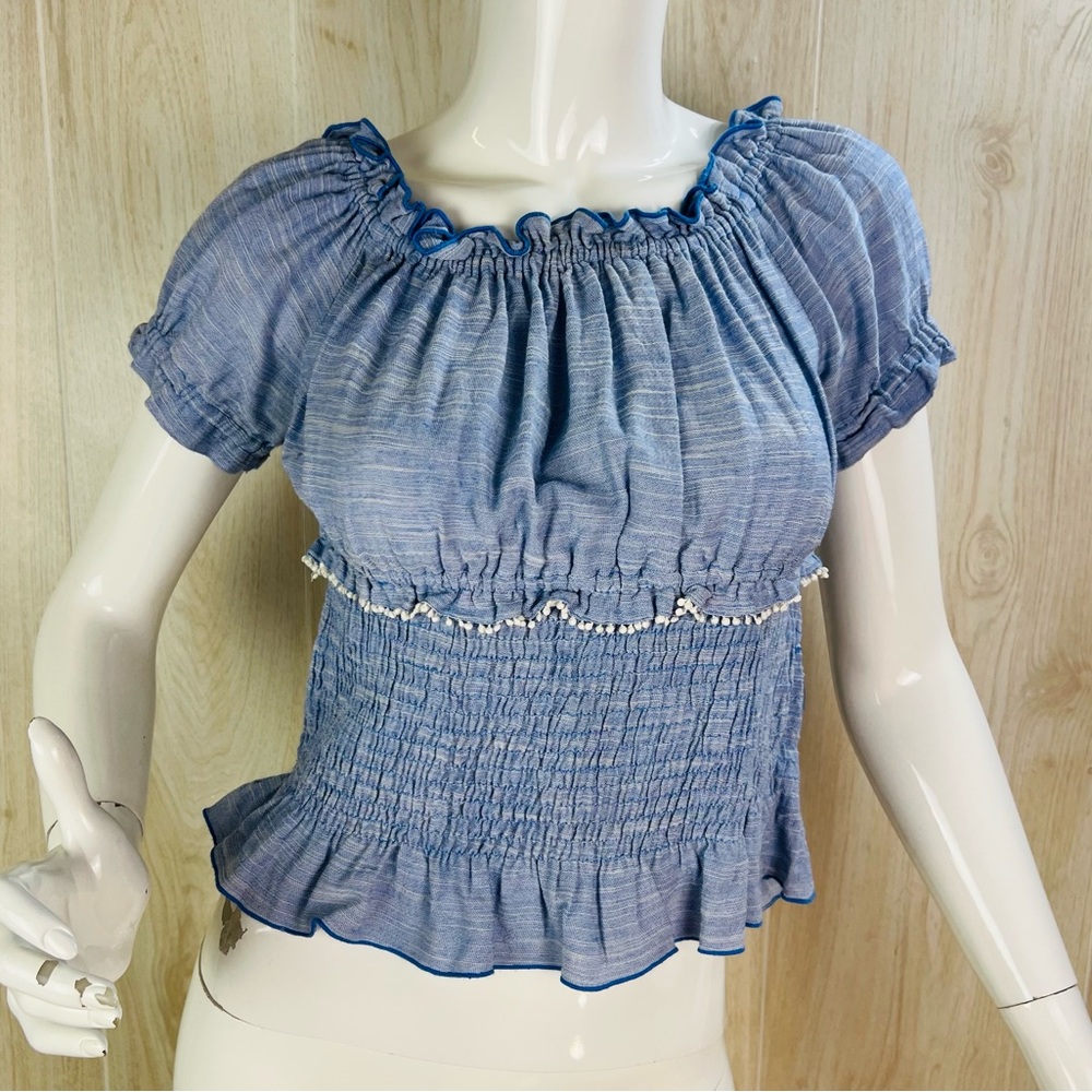 Zara Light Blue Smocked Crop Top with Puff Sleeves feminine,fairy Medium